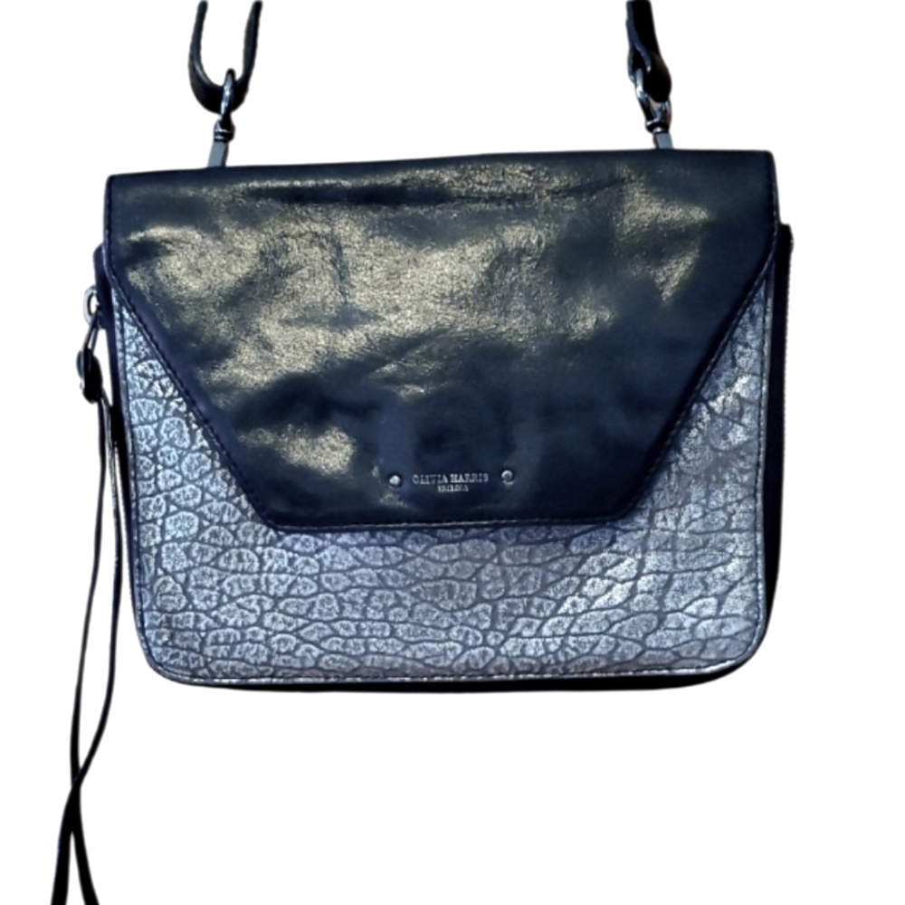 Olivia Harris Black Leather And Silver Crocodile Patterned Crossbody Purse